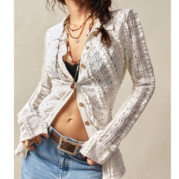 Boho White ruffle Detail Button Down Long Sleeve Top - Picture 4 of 10